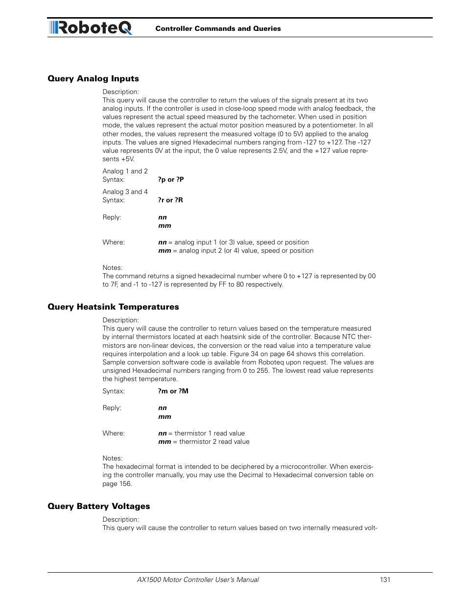 Query analog inputs, Query heatsink temperatures, Query battery voltages | RoboteQ Dual Channel Digital Motor Controller AX2550 User Manual | Page 131 / 186