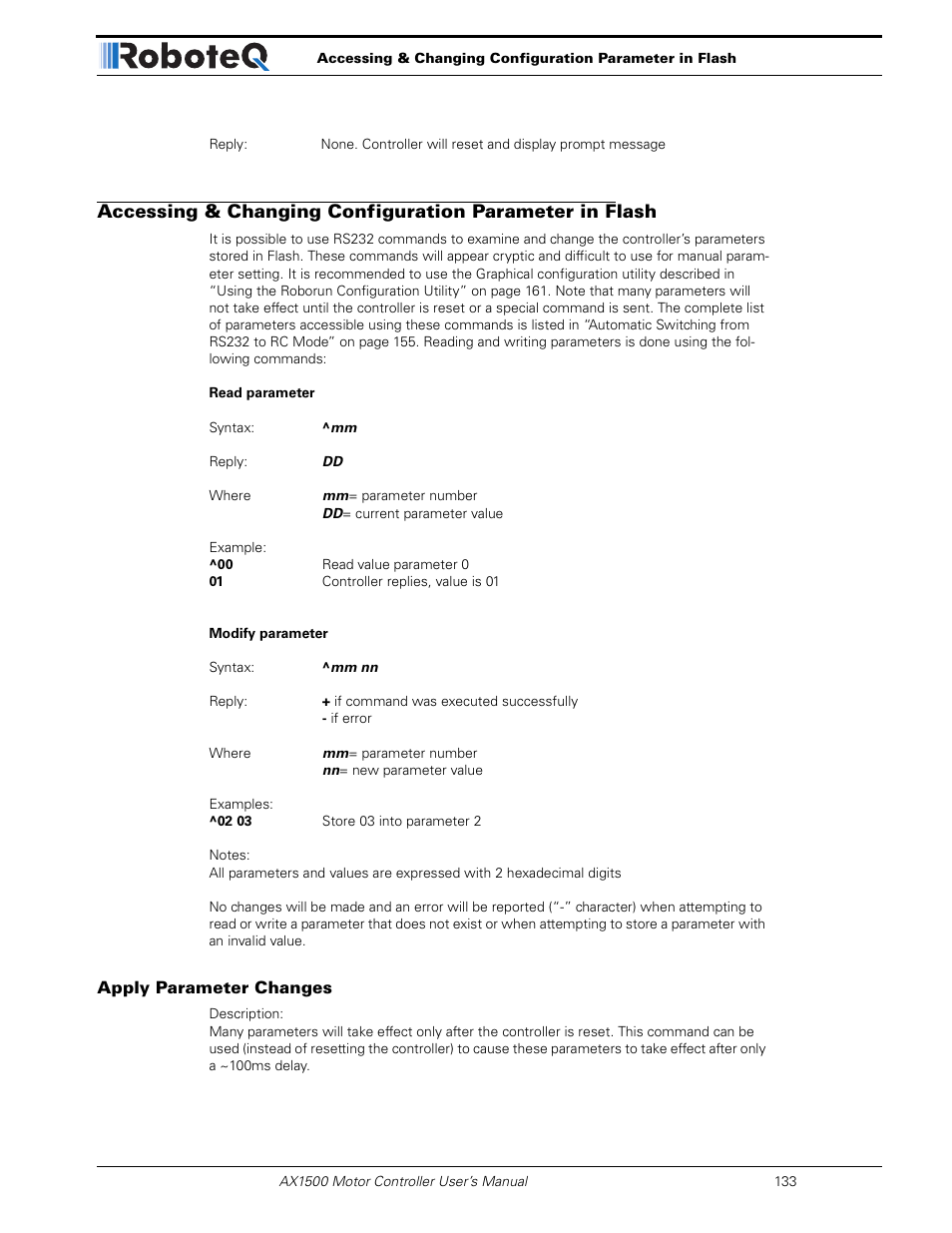 Apply parameter changes | RoboteQ Dual Channel Digital Motor Controller AX2550 User Manual | Page 133 / 186