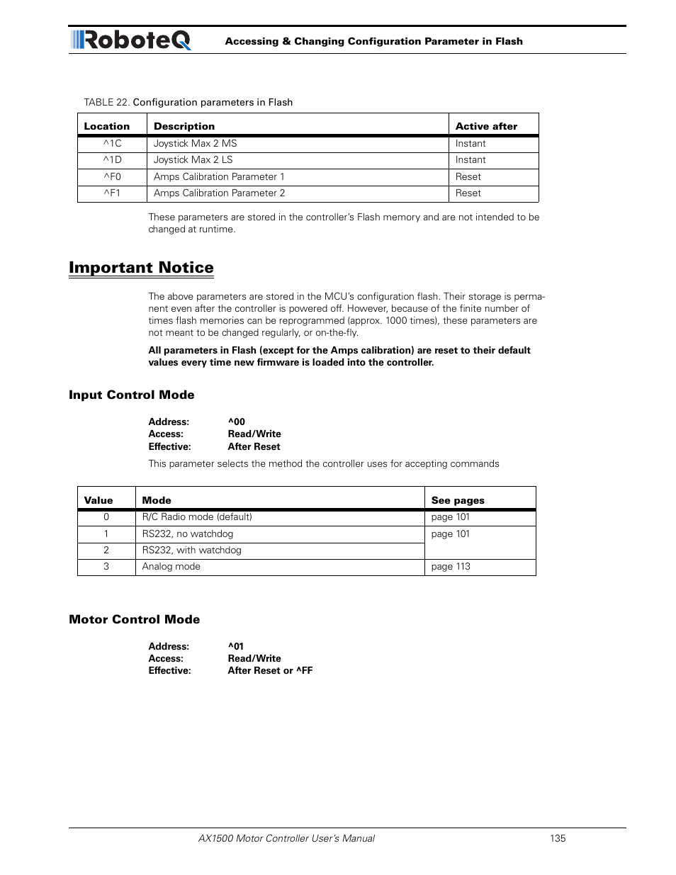 Important notice, Input control mode, Motor control mode | RoboteQ Dual Channel Digital Motor Controller AX2550 User Manual | Page 135 / 186