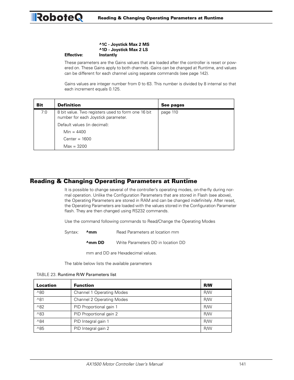 Reading & changing operating parameters at runtime | RoboteQ Dual Channel Digital Motor Controller AX2550 User Manual | Page 141 / 186