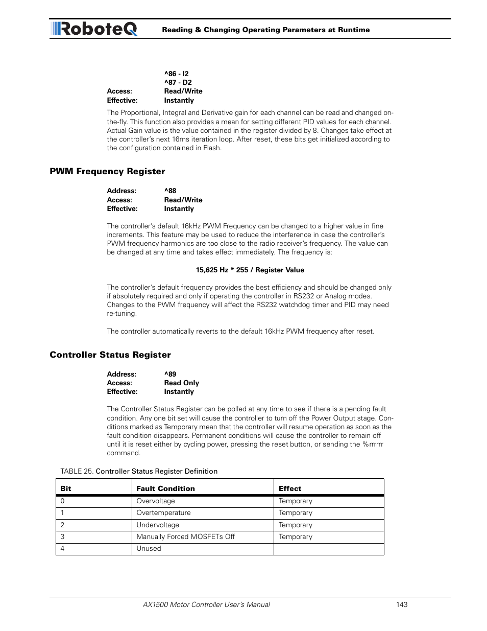 Pwm frequency register, Controller status register | RoboteQ Dual Channel Digital Motor Controller AX2550 User Manual | Page 143 / 186