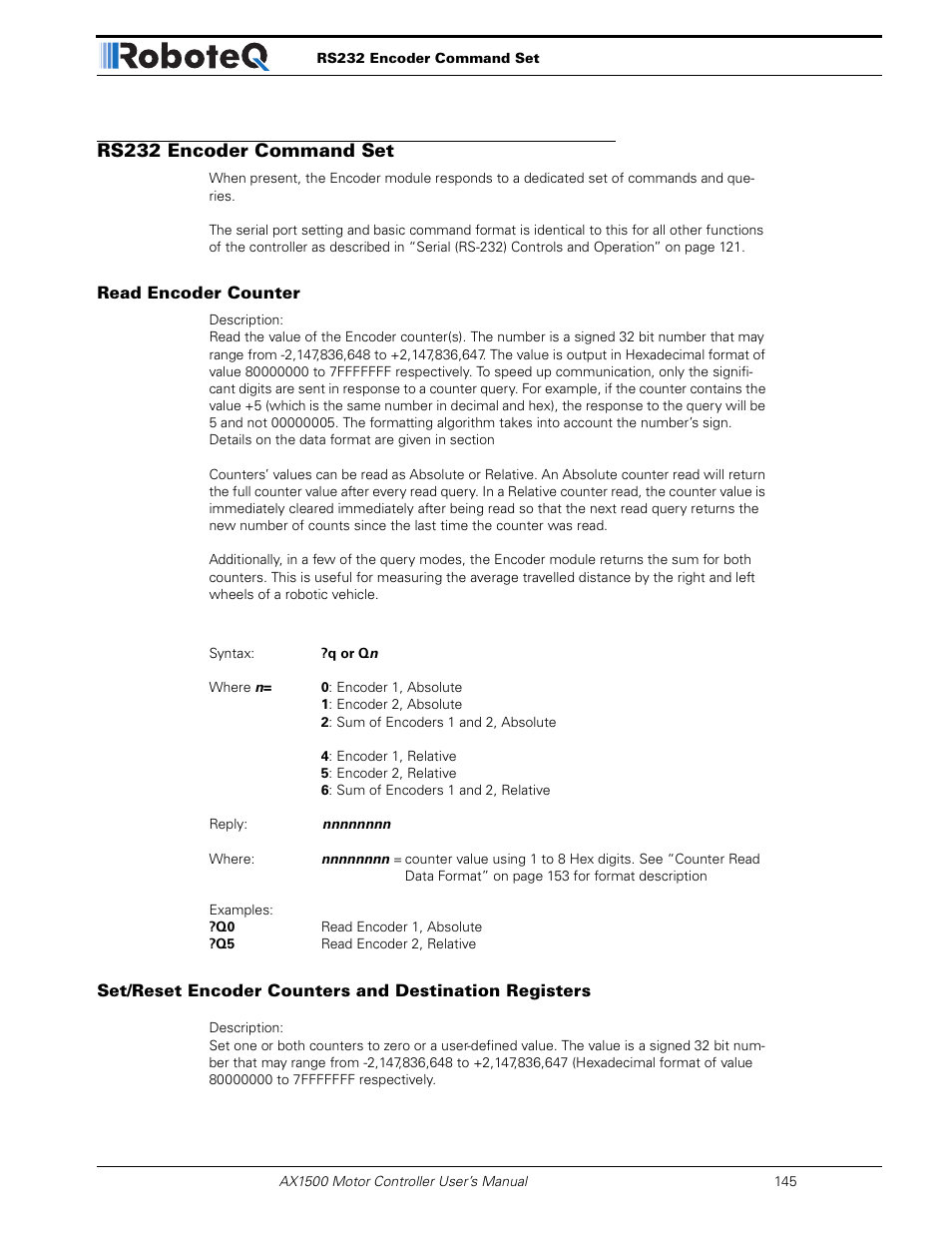 Rs232 encoder command set, Read encoder counter | RoboteQ Dual Channel Digital Motor Controller AX2550 User Manual | Page 145 / 186