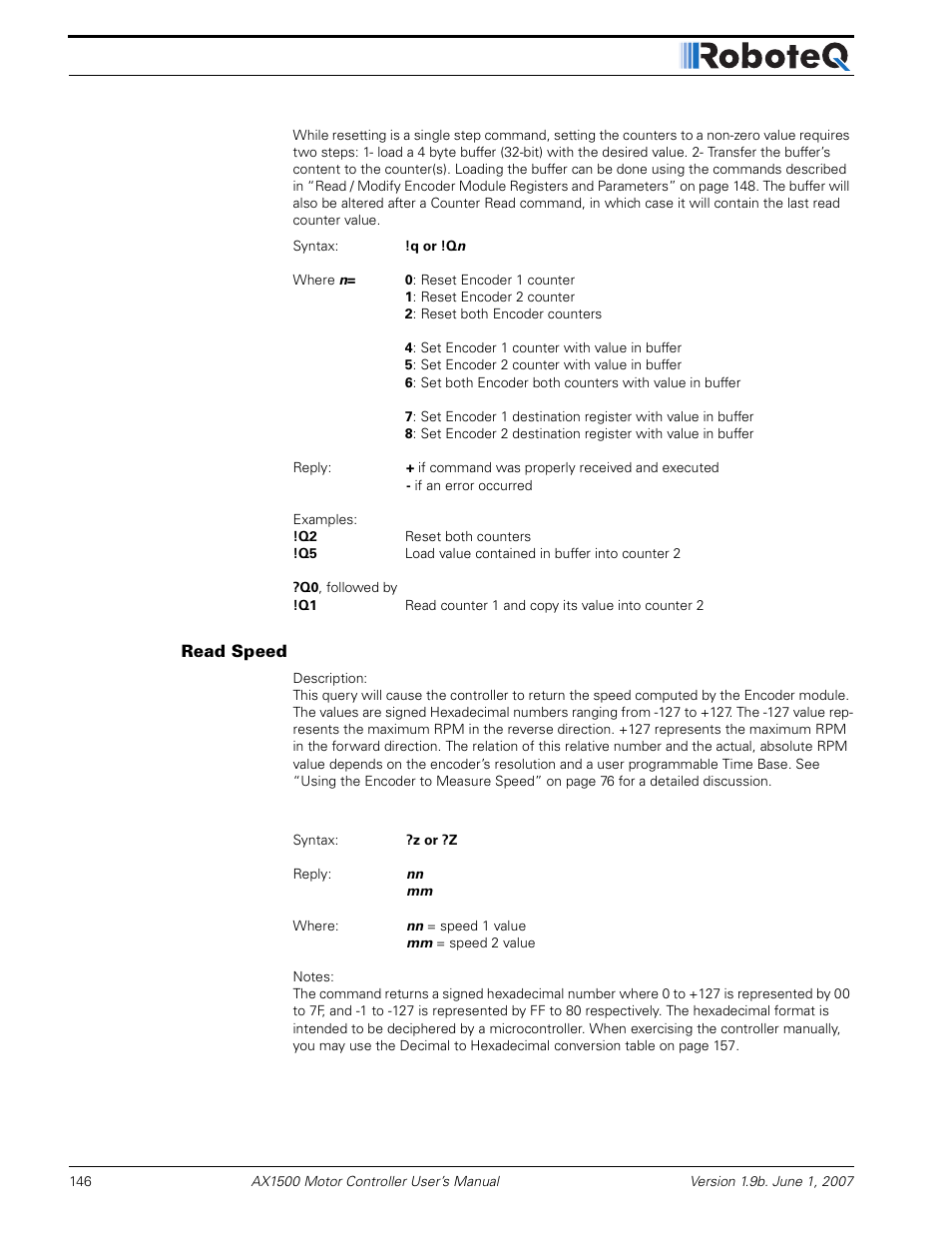 Read speed | RoboteQ Dual Channel Digital Motor Controller AX2550 User Manual | Page 146 / 186