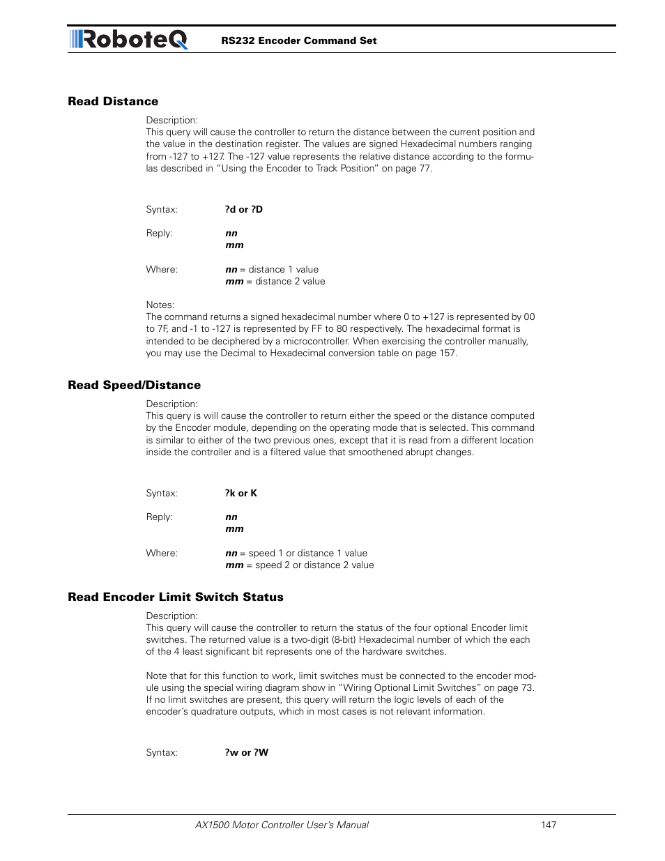 Read distance, Read speed/distance, Read encoder limit switch status | RoboteQ Dual Channel Digital Motor Controller AX2550 User Manual | Page 147 / 186