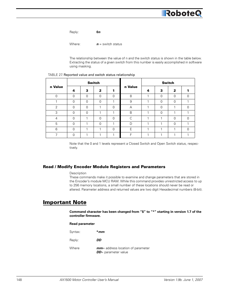 Important note | RoboteQ Dual Channel Digital Motor Controller AX2550 User Manual | Page 148 / 186
