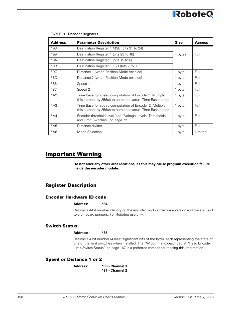 Important warning, Register description, Encoder hardware id code | Switch status, Speed or distance 1 or 2 | RoboteQ Dual Channel Digital Motor Controller AX2550 User Manual | Page 150 / 186