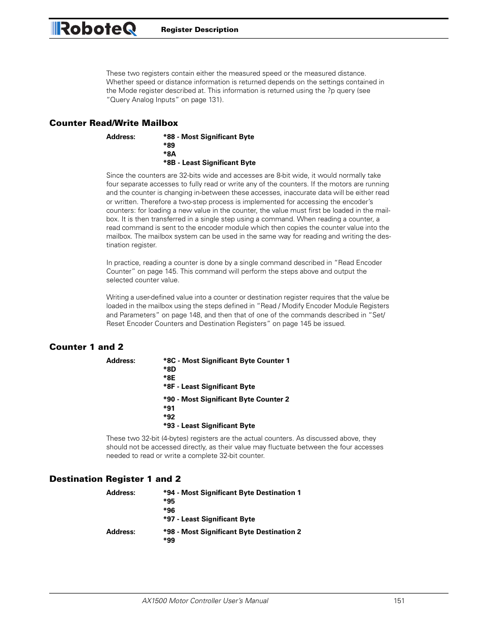 Counter read/write mailbox, Counter 1 and 2, Destination register 1 and 2 | RoboteQ Dual Channel Digital Motor Controller AX2550 User Manual | Page 151 / 186