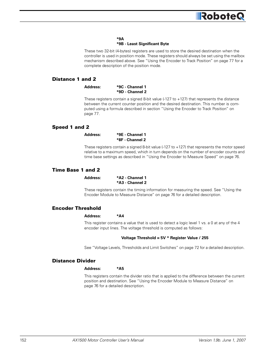 Distance 1 and 2, Speed 1 and 2, Time base 1 and 2 | Encoder threshold, Distance divider | RoboteQ Dual Channel Digital Motor Controller AX2550 User Manual | Page 152 / 186