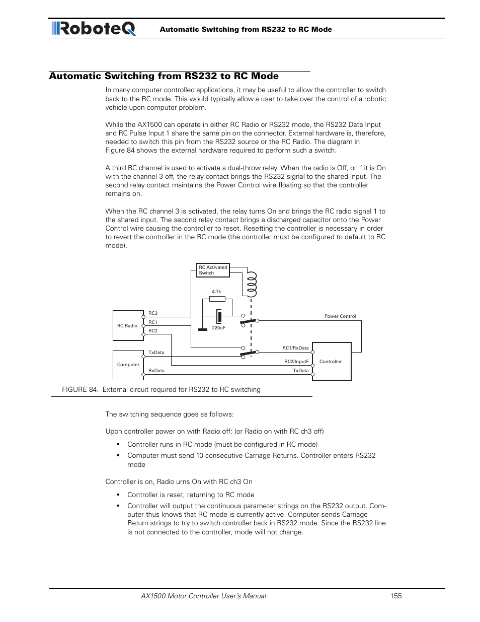 Automatic switching from rs232 to rc mode | RoboteQ Dual Channel Digital Motor Controller AX2550 User Manual | Page 155 / 186