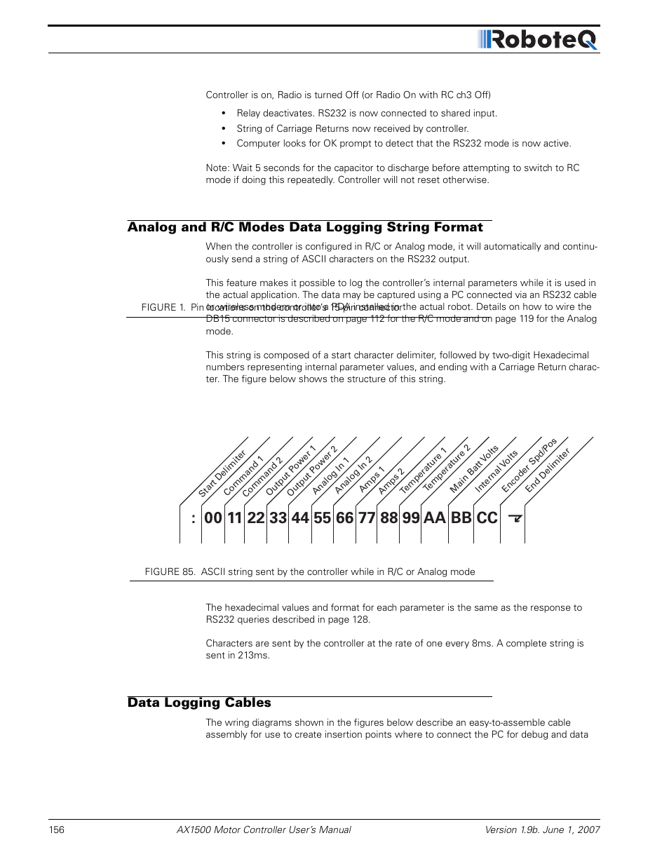 Analog and r/c modes data logging string format, Data logging cables | RoboteQ Dual Channel Digital Motor Controller AX2550 User Manual | Page 156 / 186