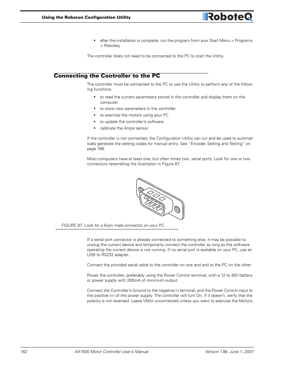 Connecting the controller to the pc | RoboteQ Dual Channel Digital Motor Controller AX2550 User Manual | Page 162 / 186