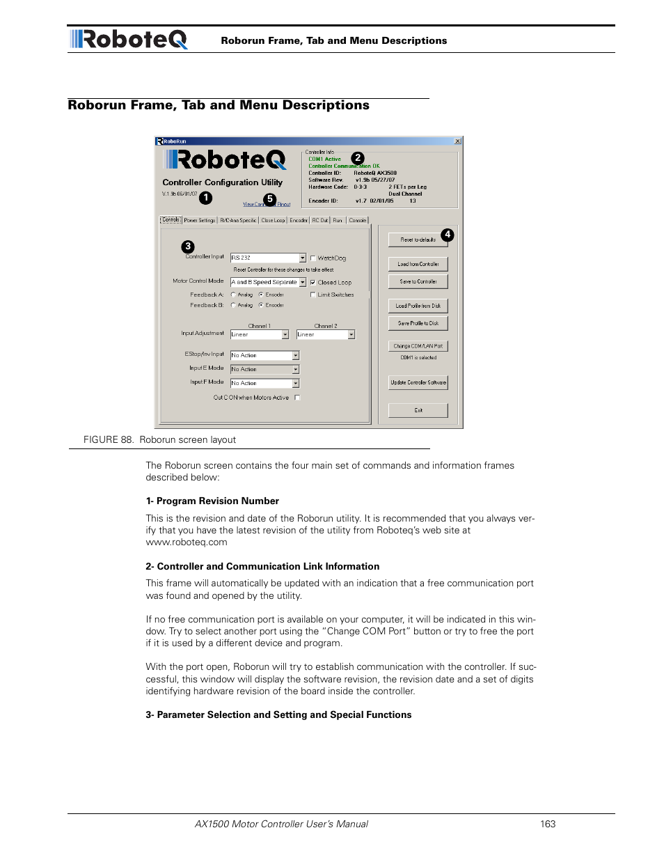 Roborun frame, tab and menu descriptions | RoboteQ Dual Channel Digital Motor Controller AX2550 User Manual | Page 163 / 186