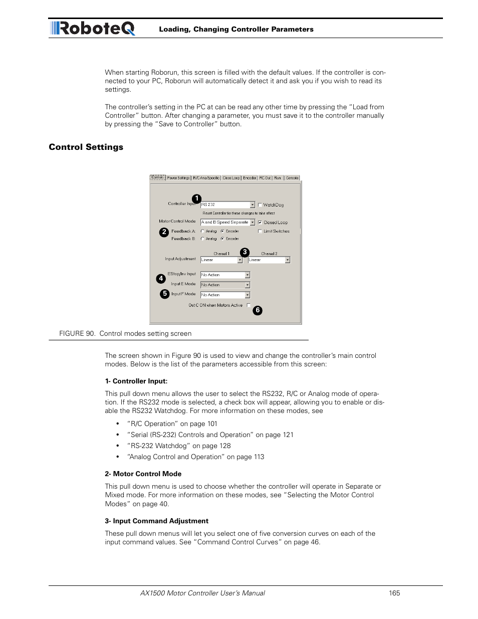 Control settings | RoboteQ Dual Channel Digital Motor Controller AX2550 User Manual | Page 165 / 186