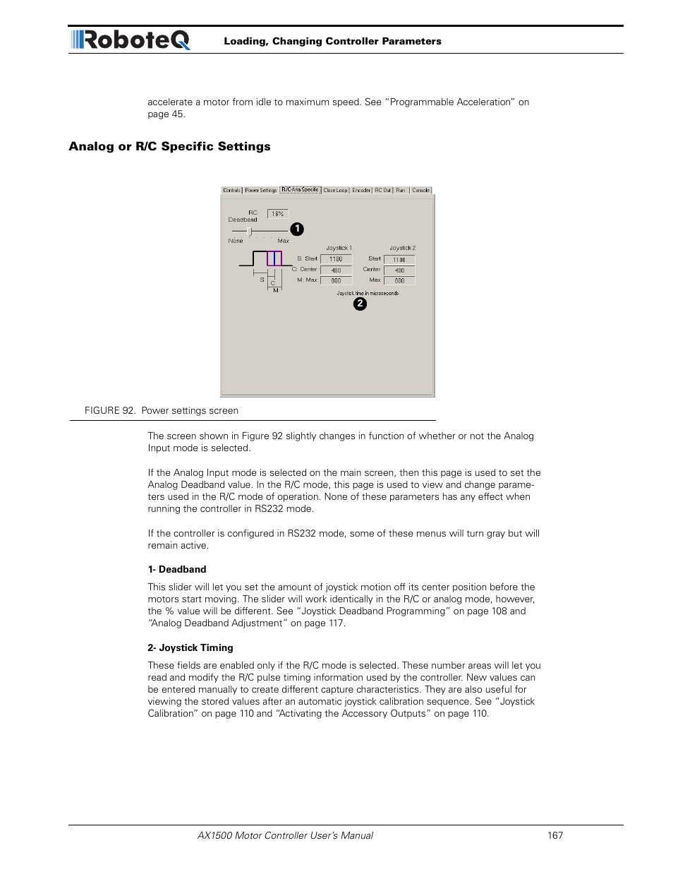 Analog or r/c specific settings | RoboteQ Dual Channel Digital Motor Controller AX2550 User Manual | Page 167 / 186