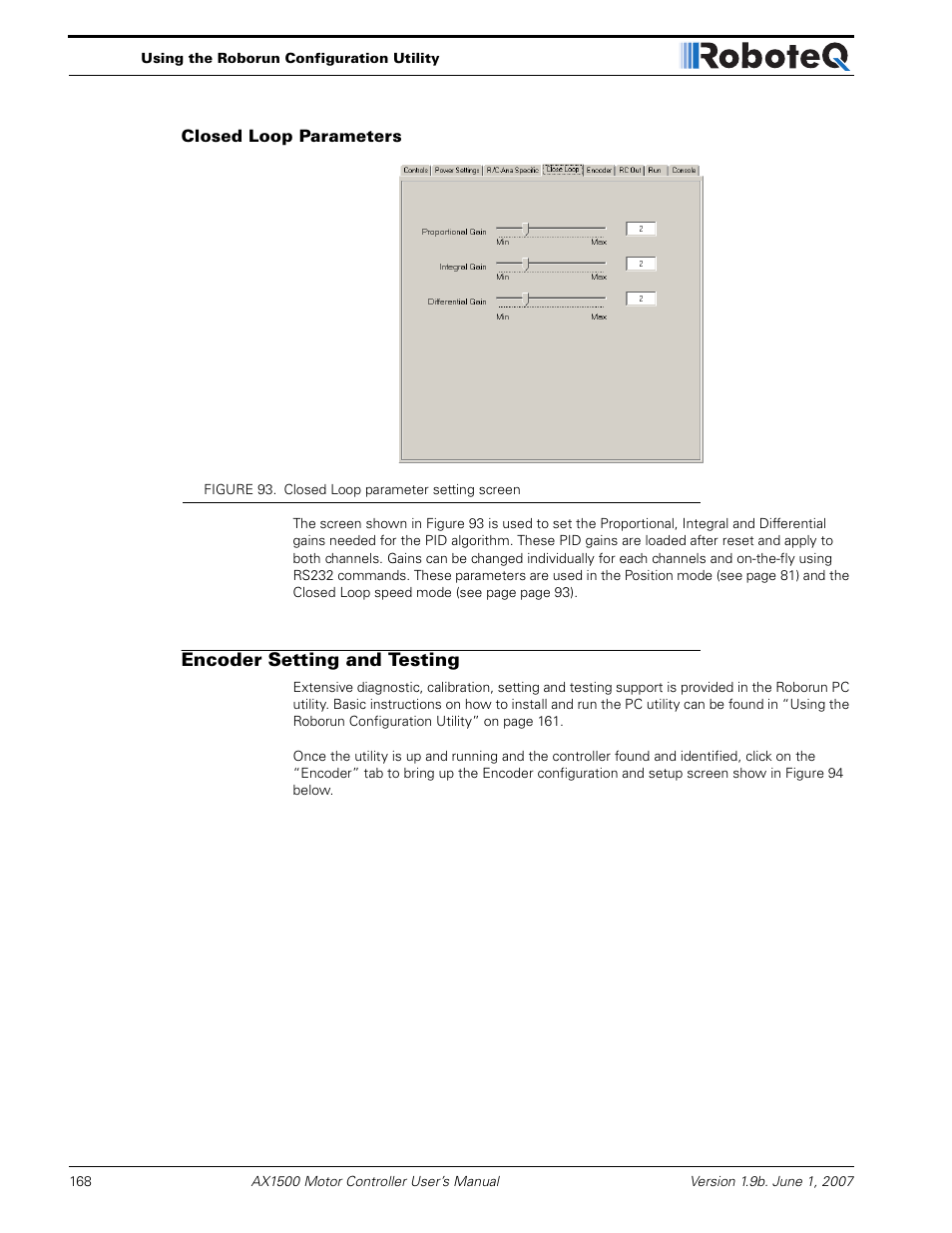 Closed loop parameters, Encoder setting and testing | RoboteQ Dual Channel Digital Motor Controller AX2550 User Manual | Page 168 / 186