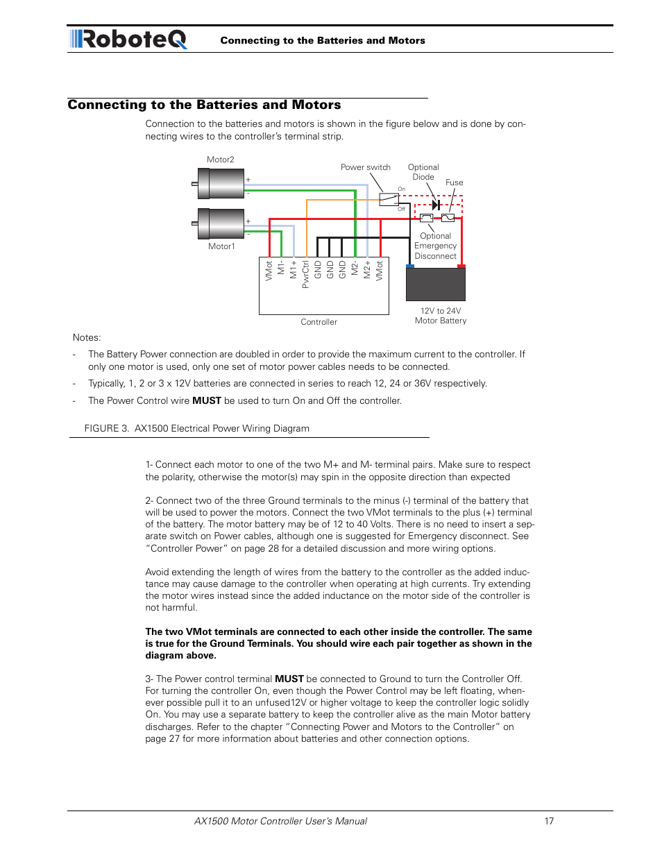 Connecting to the batteries and motors | RoboteQ Dual Channel Digital Motor Controller AX2550 User Manual | Page 17 / 186