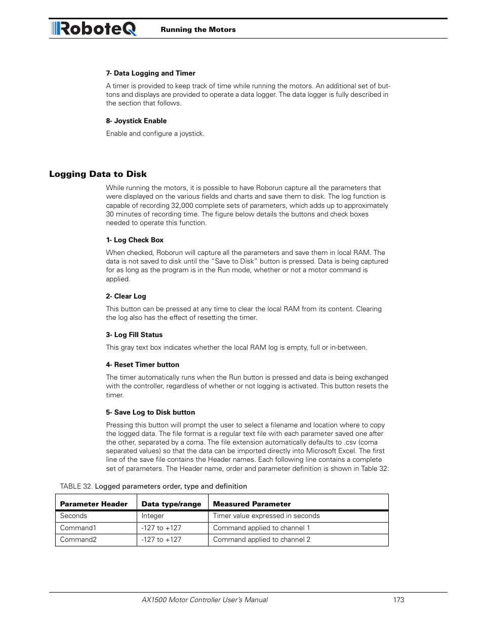 Logging data to disk | RoboteQ Dual Channel Digital Motor Controller AX2550 User Manual | Page 173 / 186