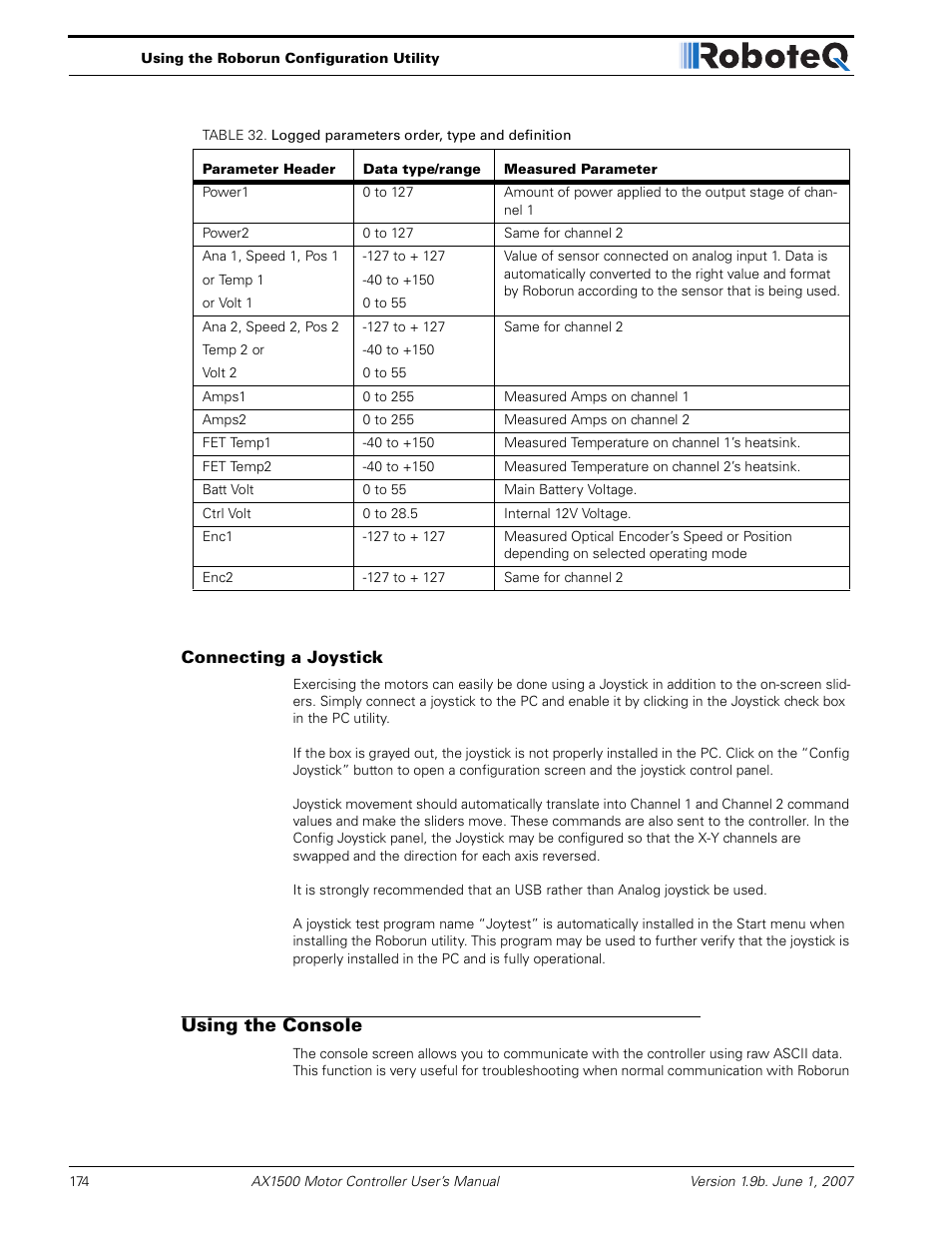 Connecting a joystick, Using the console | RoboteQ Dual Channel Digital Motor Controller AX2550 User Manual | Page 174 / 186