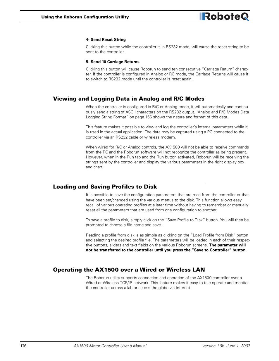 Viewing and logging data in analog and r/c modes, Loading and saving profiles to disk, Operating the ax1500 over a wired or wireless lan | RoboteQ Dual Channel Digital Motor Controller AX2550 User Manual | Page 176 / 186