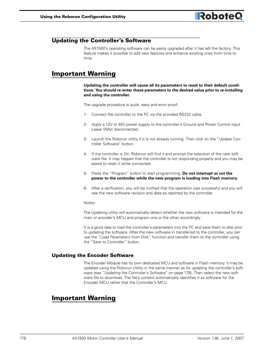 Updating the controller’s software, Important warning, Updating the encoder software | RoboteQ Dual Channel Digital Motor Controller AX2550 User Manual | Page 178 / 186