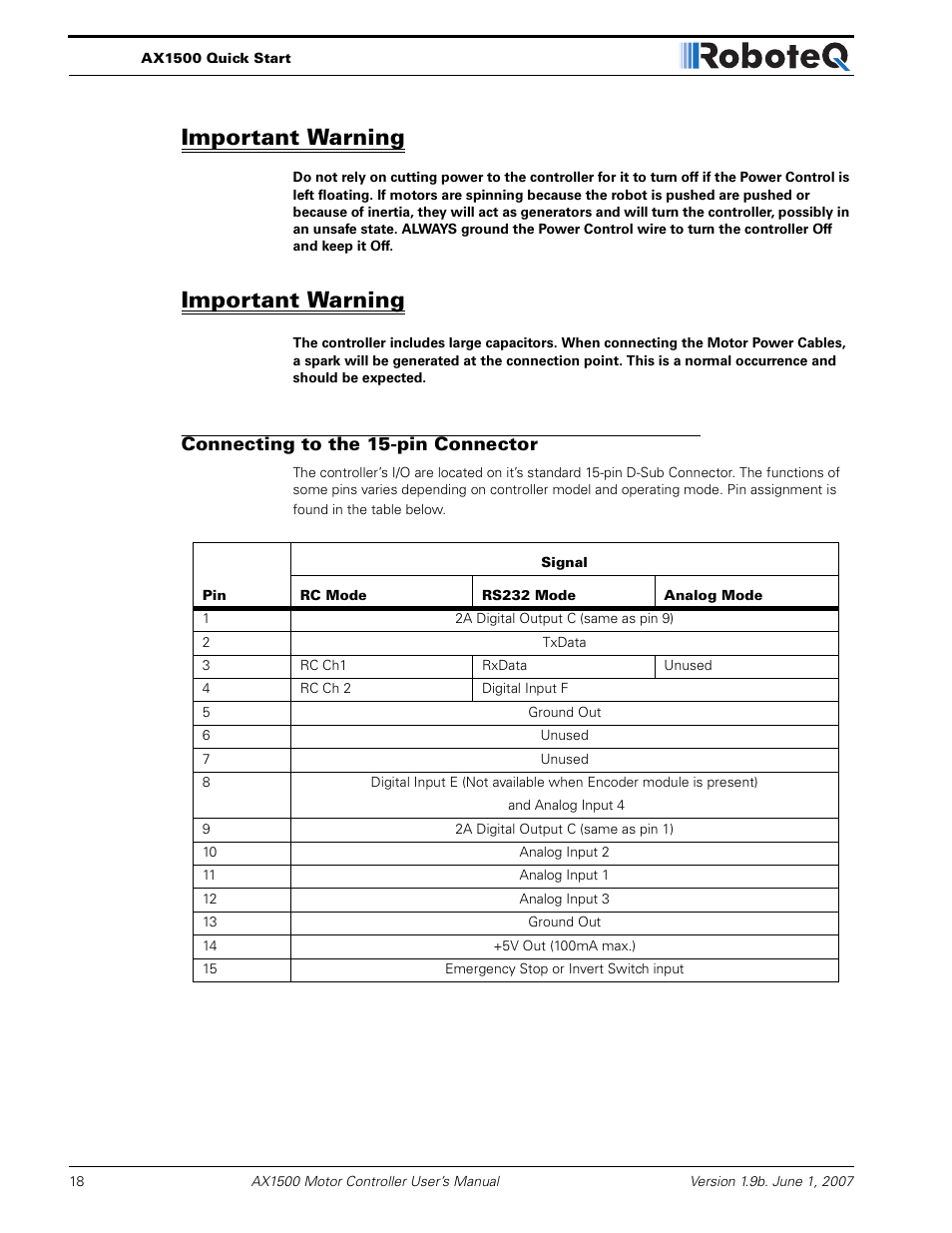 Important warning, Connecting to the 15-pin connector | RoboteQ Dual Channel Digital Motor Controller AX2550 User Manual | Page 18 / 186