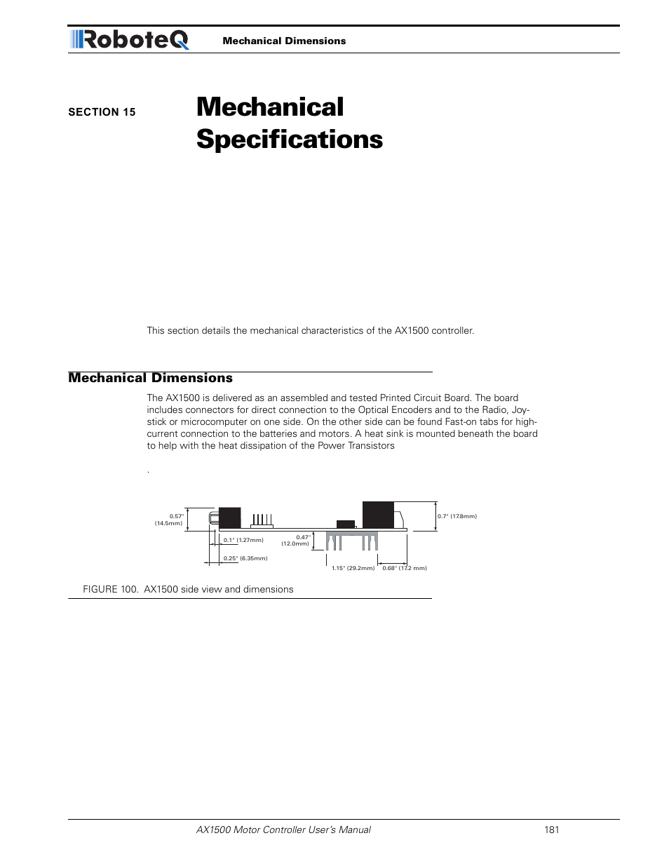 Section 15 mechanical specifications, Mechanical dimensions, Section 15 | Mechanical specifications | RoboteQ Dual Channel Digital Motor Controller AX2550 User Manual | Page 181 / 186