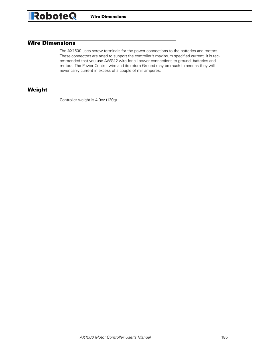 Wire dimensions, Weight | RoboteQ Dual Channel Digital Motor Controller AX2550 User Manual | Page 185 / 186