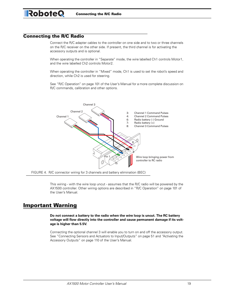 Connecting the r/c radio, Important warning | RoboteQ Dual Channel Digital Motor Controller AX2550 User Manual | Page 19 / 186