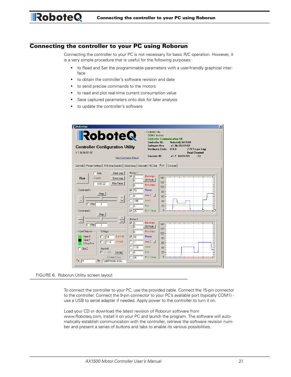 Connecting the controller to your pc using roborun | RoboteQ Dual Channel Digital Motor Controller AX2550 User Manual | Page 21 / 186