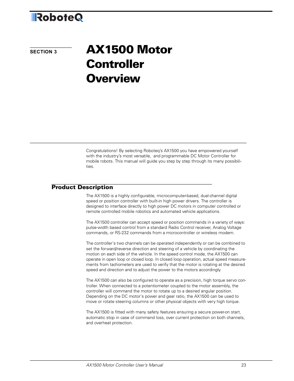 Section 3 ax1500 motor controller overview, Product description, Section 3 | Ax1500 motor controller overview | RoboteQ Dual Channel Digital Motor Controller AX2550 User Manual | Page 23 / 186