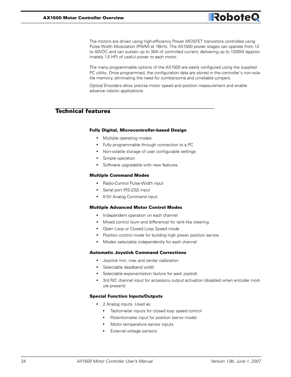 Technical features | RoboteQ Dual Channel Digital Motor Controller AX2550 User Manual | Page 24 / 186