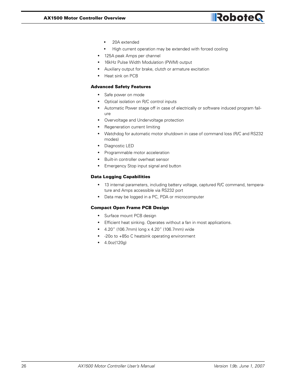 RoboteQ Dual Channel Digital Motor Controller AX2550 User Manual | Page 26 / 186