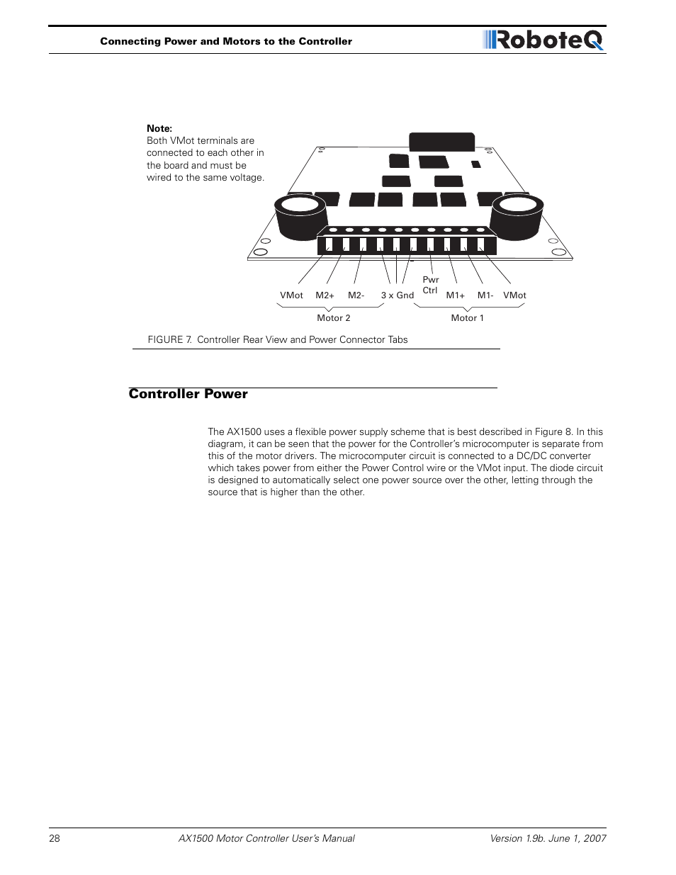Controller power | RoboteQ Dual Channel Digital Motor Controller AX2550 User Manual | Page 28 / 186