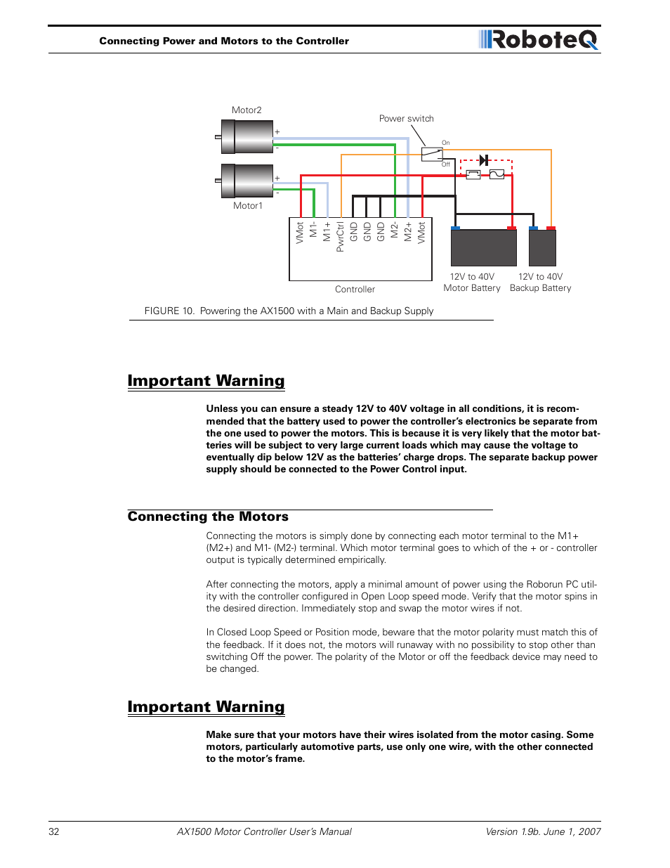 Important warning, Connecting the motors | RoboteQ Dual Channel Digital Motor Controller AX2550 User Manual | Page 32 / 186