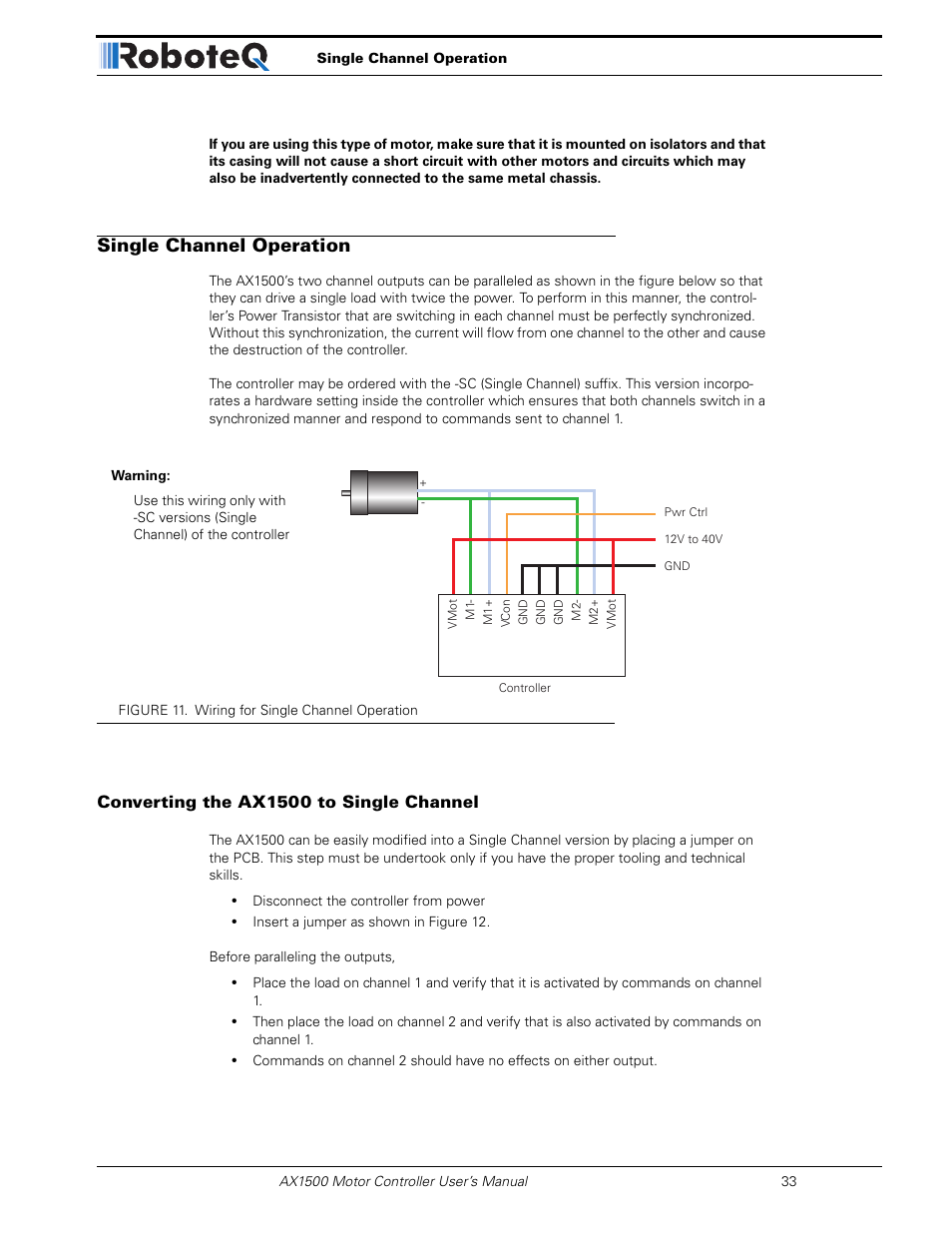 Single channel operation, Converting the ax1500 to single channel | RoboteQ Dual Channel Digital Motor Controller AX2550 User Manual | Page 33 / 186