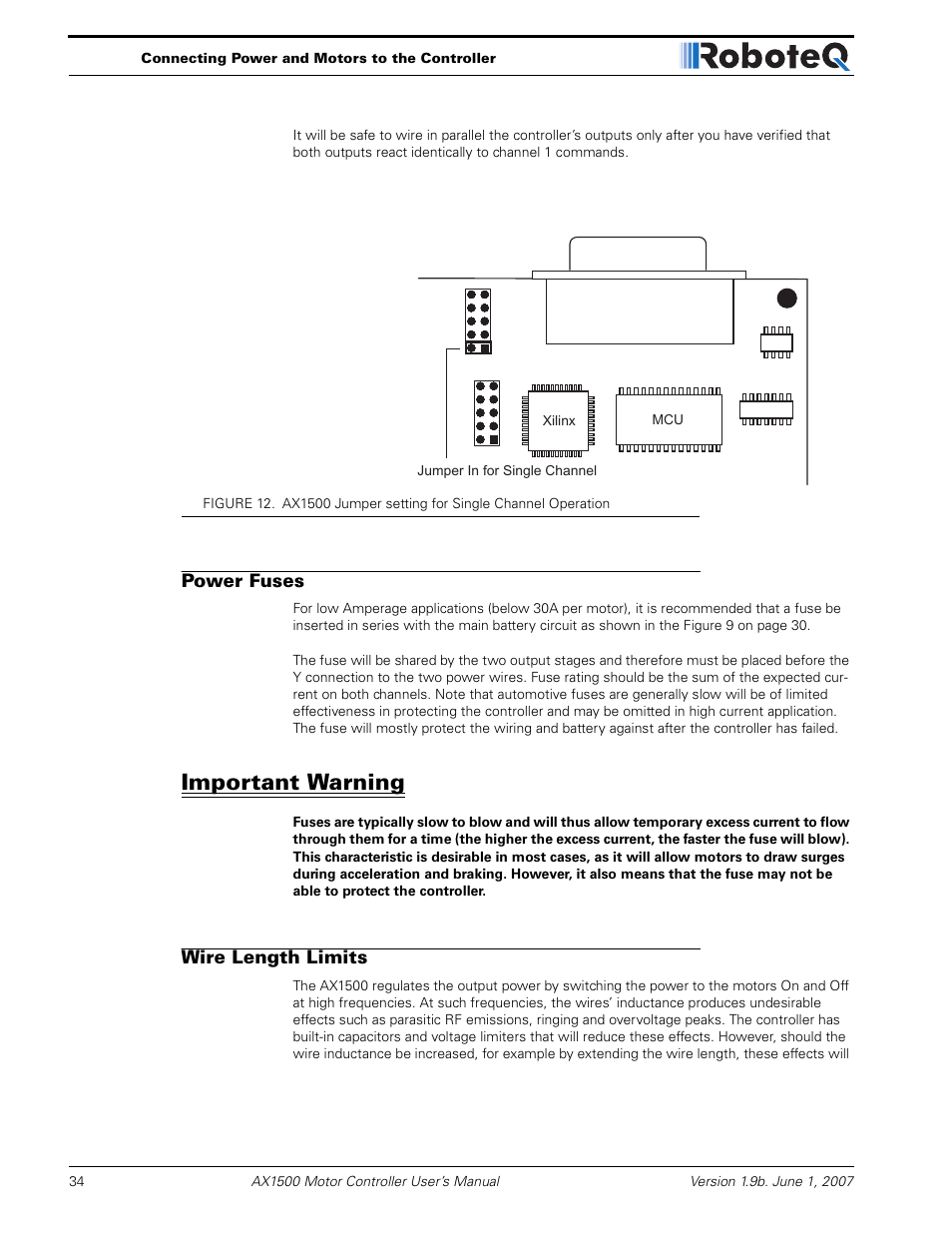 Power fuses, Important warning, Wire length limits | RoboteQ Dual Channel Digital Motor Controller AX2550 User Manual | Page 34 / 186
