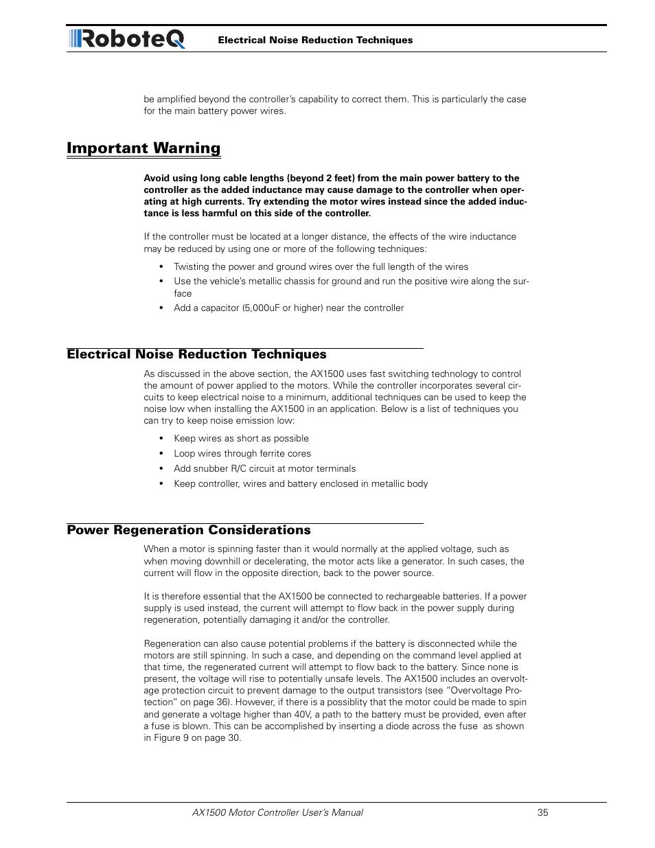 Important warning, Electrical noise reduction techniques, Power regeneration considerations | RoboteQ Dual Channel Digital Motor Controller AX2550 User Manual | Page 35 / 186