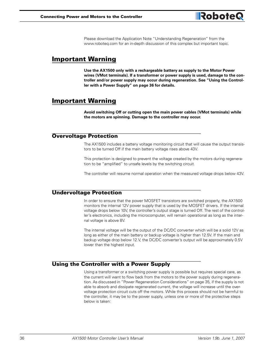 Important warning, Overvoltage protection, Undervoltage protection | Using the controller with a power supply | RoboteQ Dual Channel Digital Motor Controller AX2550 User Manual | Page 36 / 186