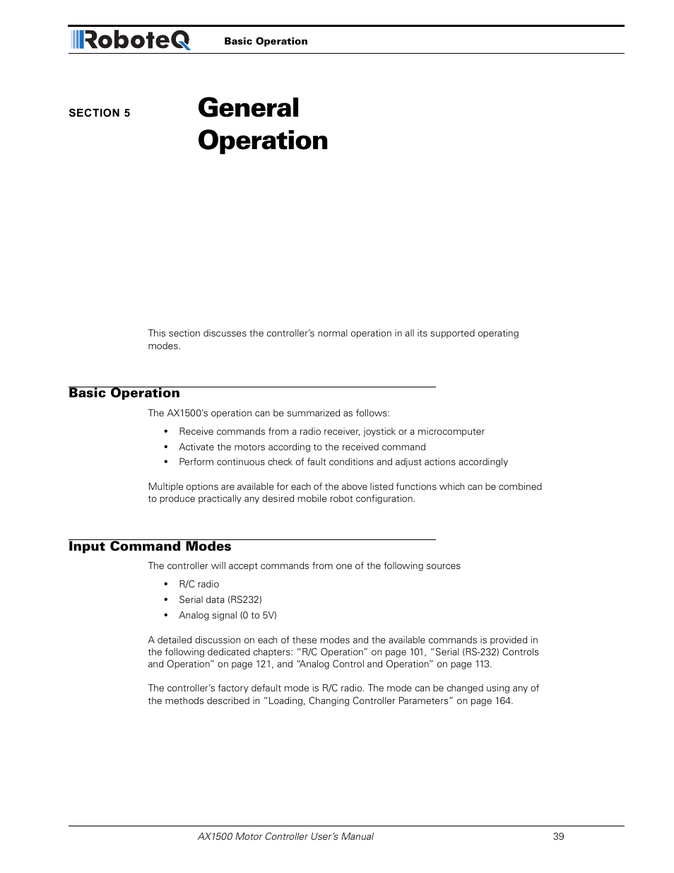 Section 5 general operation, Basic operation, Input command modes | Section 5, General operation | RoboteQ Dual Channel Digital Motor Controller AX2550 User Manual | Page 39 / 186