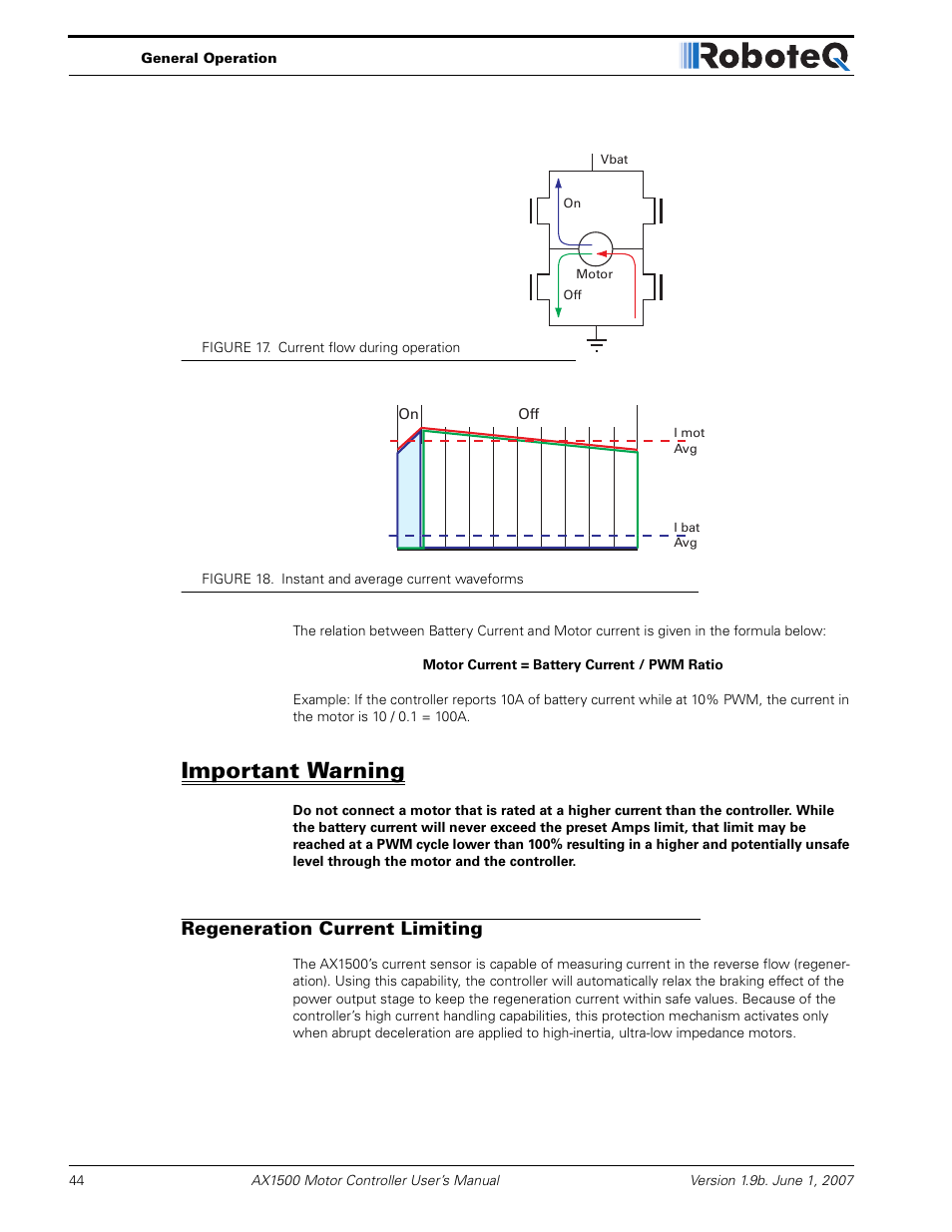 Important warning, Regeneration current limiting | RoboteQ Dual Channel Digital Motor Controller AX2550 User Manual | Page 44 / 186
