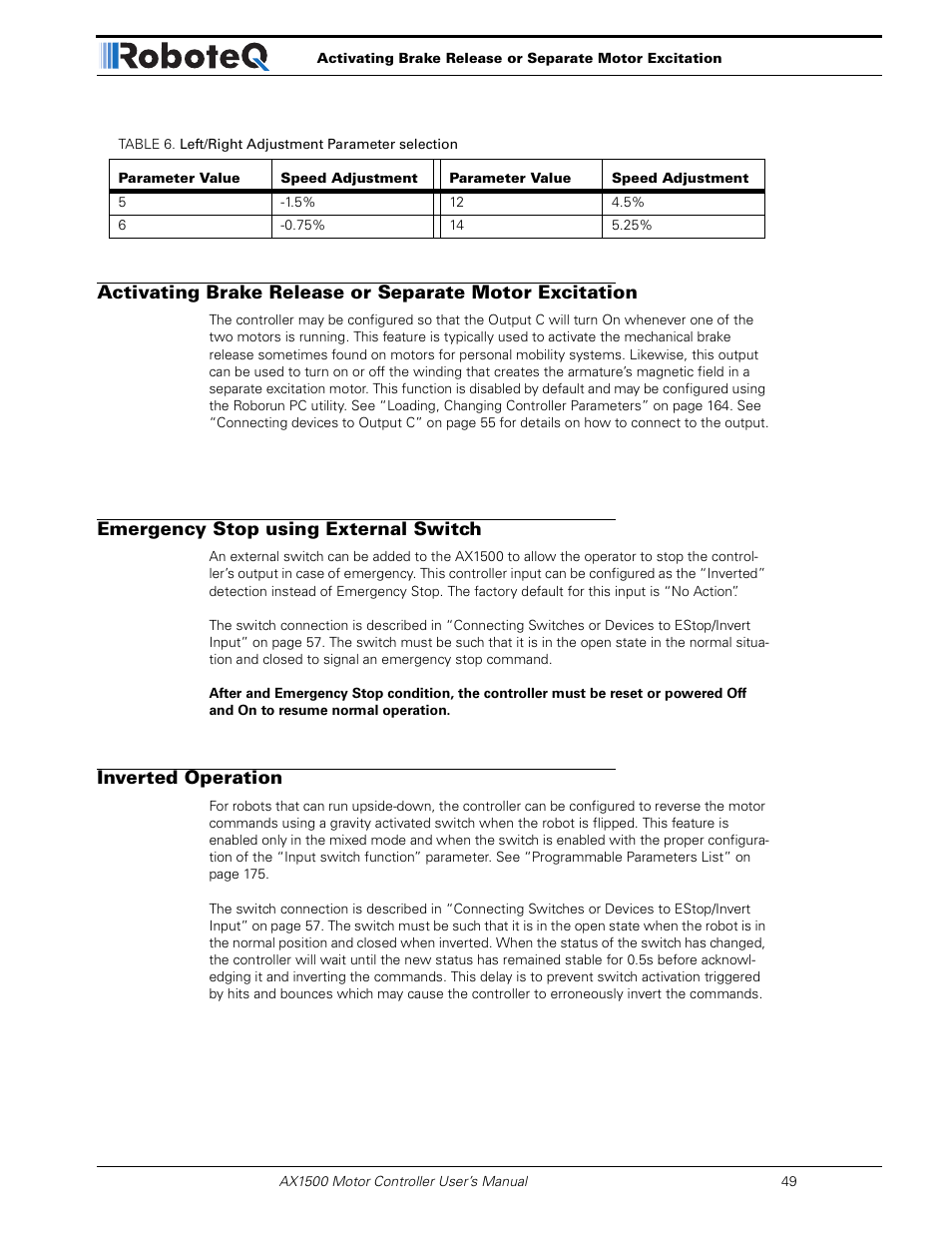 Emergency stop using external switch, Inverted operation | RoboteQ Dual Channel Digital Motor Controller AX2550 User Manual | Page 49 / 186