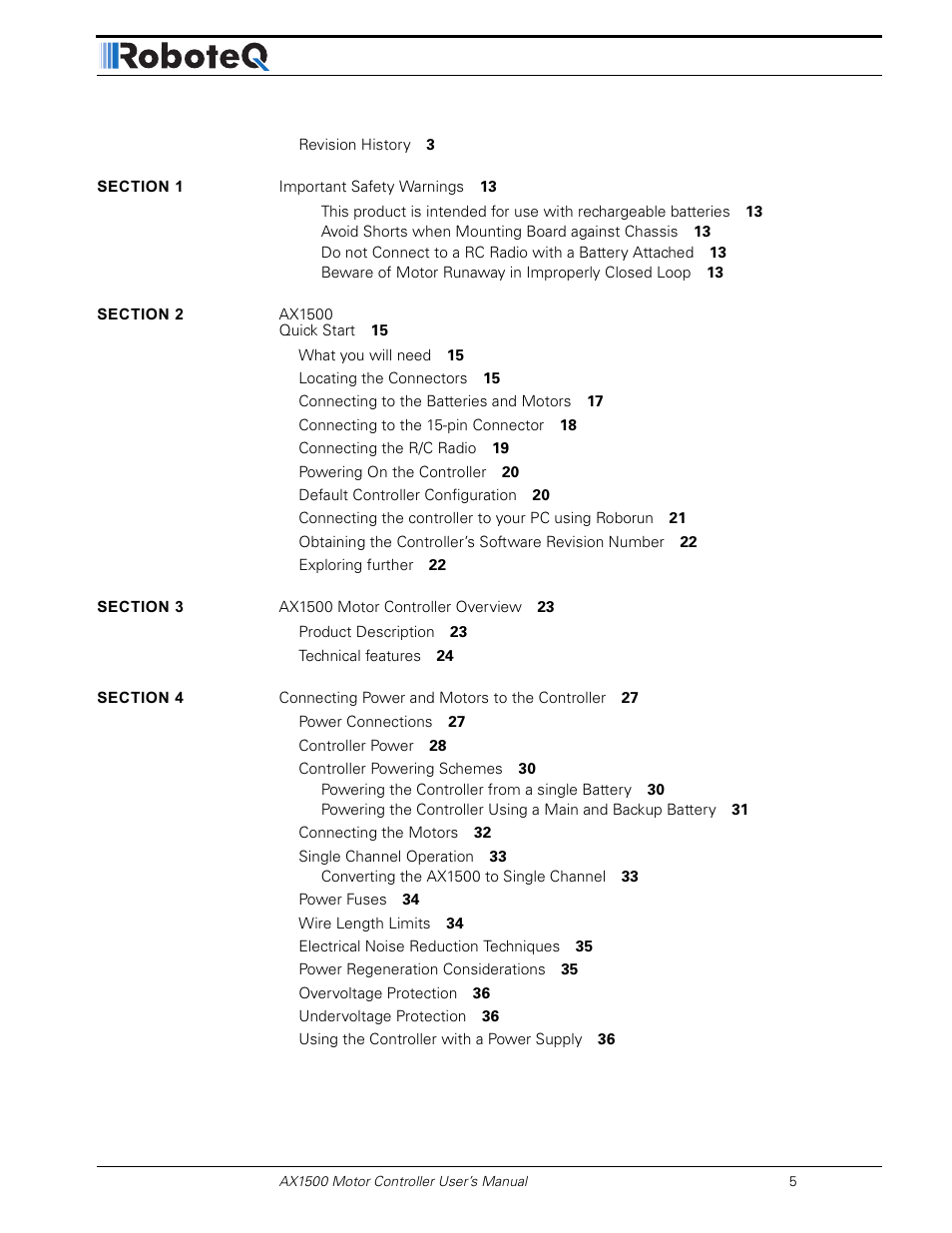 RoboteQ Dual Channel Digital Motor Controller AX2550 User Manual | Page 5 / 186