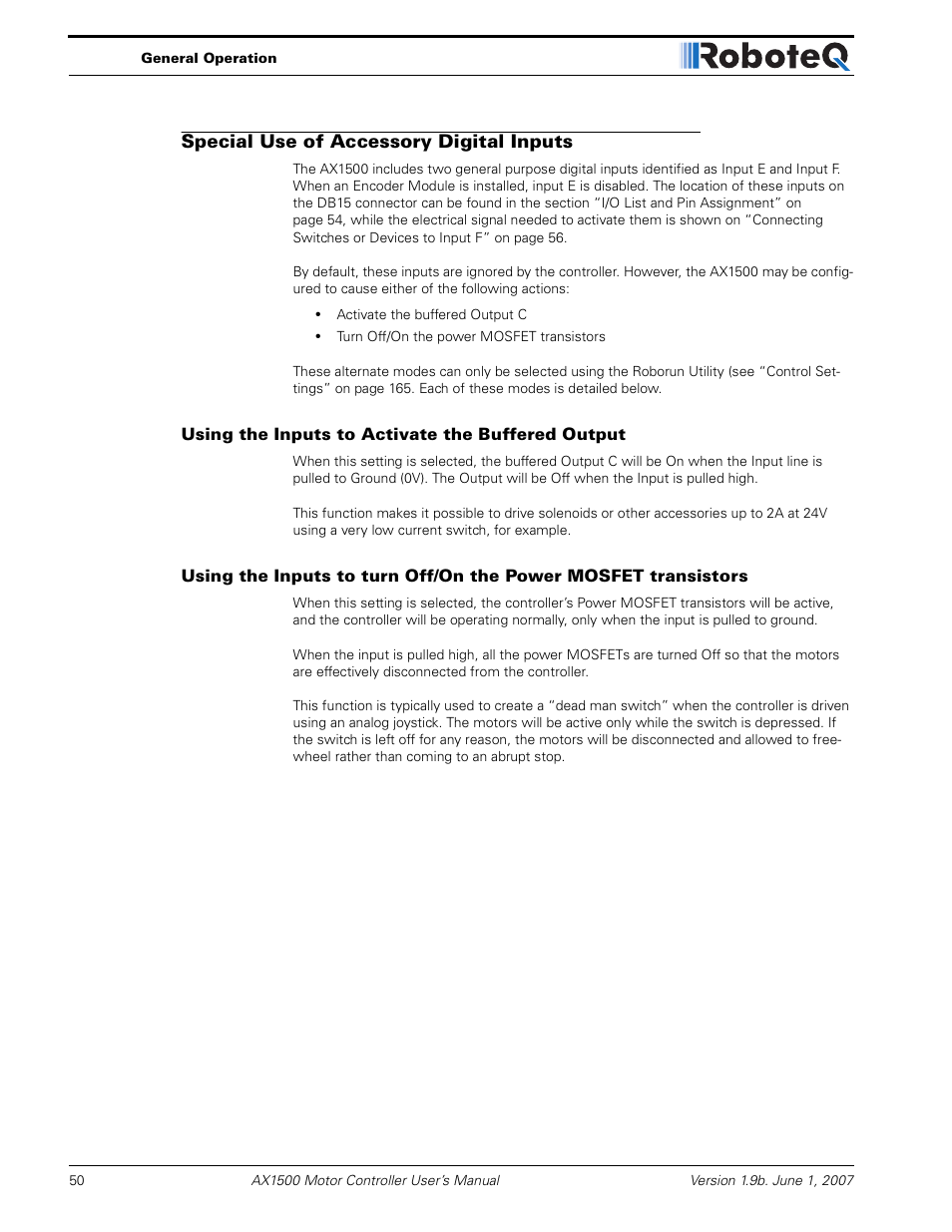 Special use of accessory digital inputs, Using the inputs to activate the buffered output | RoboteQ Dual Channel Digital Motor Controller AX2550 User Manual | Page 50 / 186