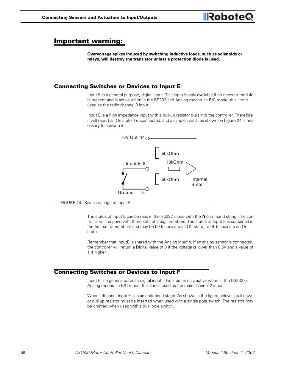 Important warning, Connecting switches or devices to input e, Connecting switches or devices to input f | RoboteQ Dual Channel Digital Motor Controller AX2550 User Manual | Page 56 / 186