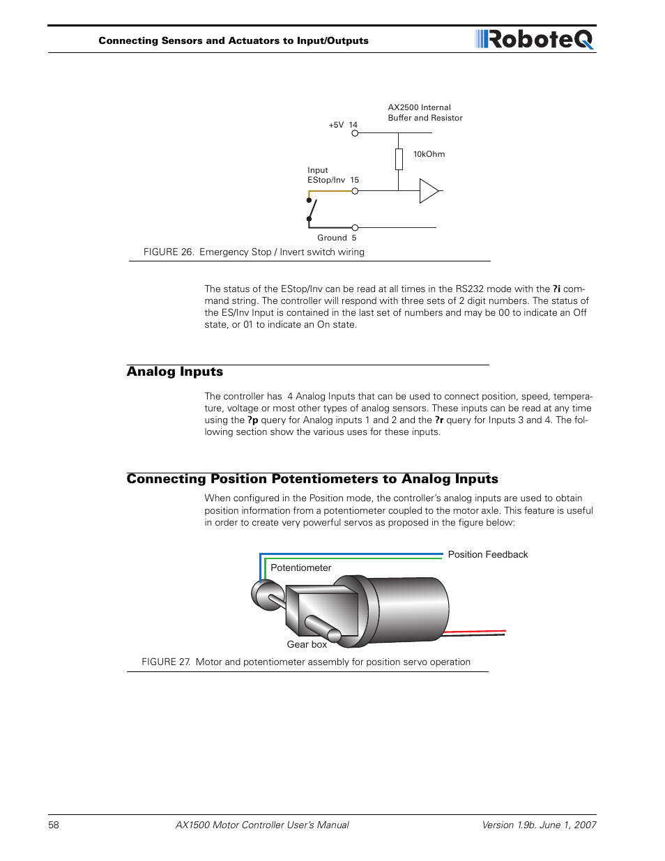 Analog inputs | RoboteQ Dual Channel Digital Motor Controller AX2550 User Manual | Page 58 / 186