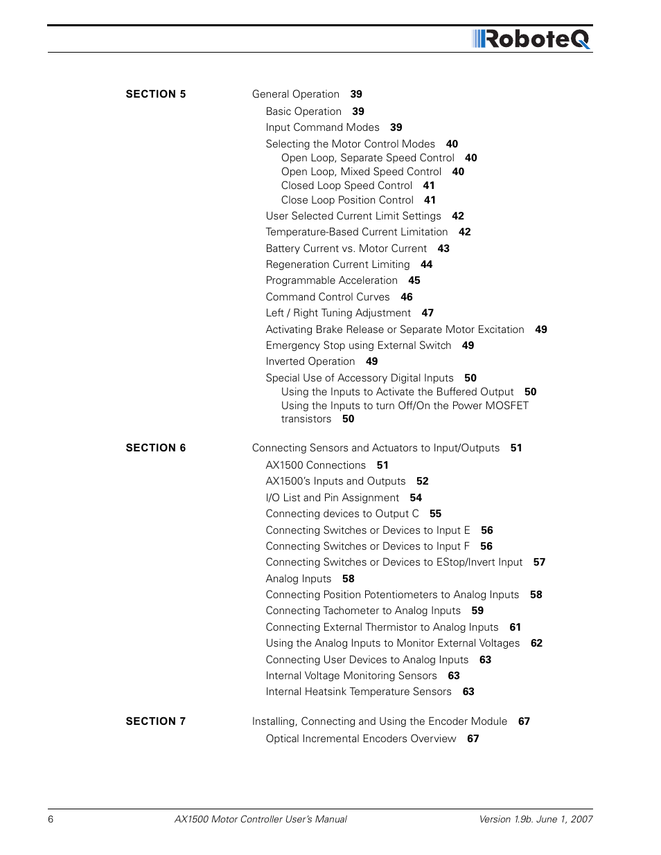 RoboteQ Dual Channel Digital Motor Controller AX2550 User Manual | Page 6 / 186