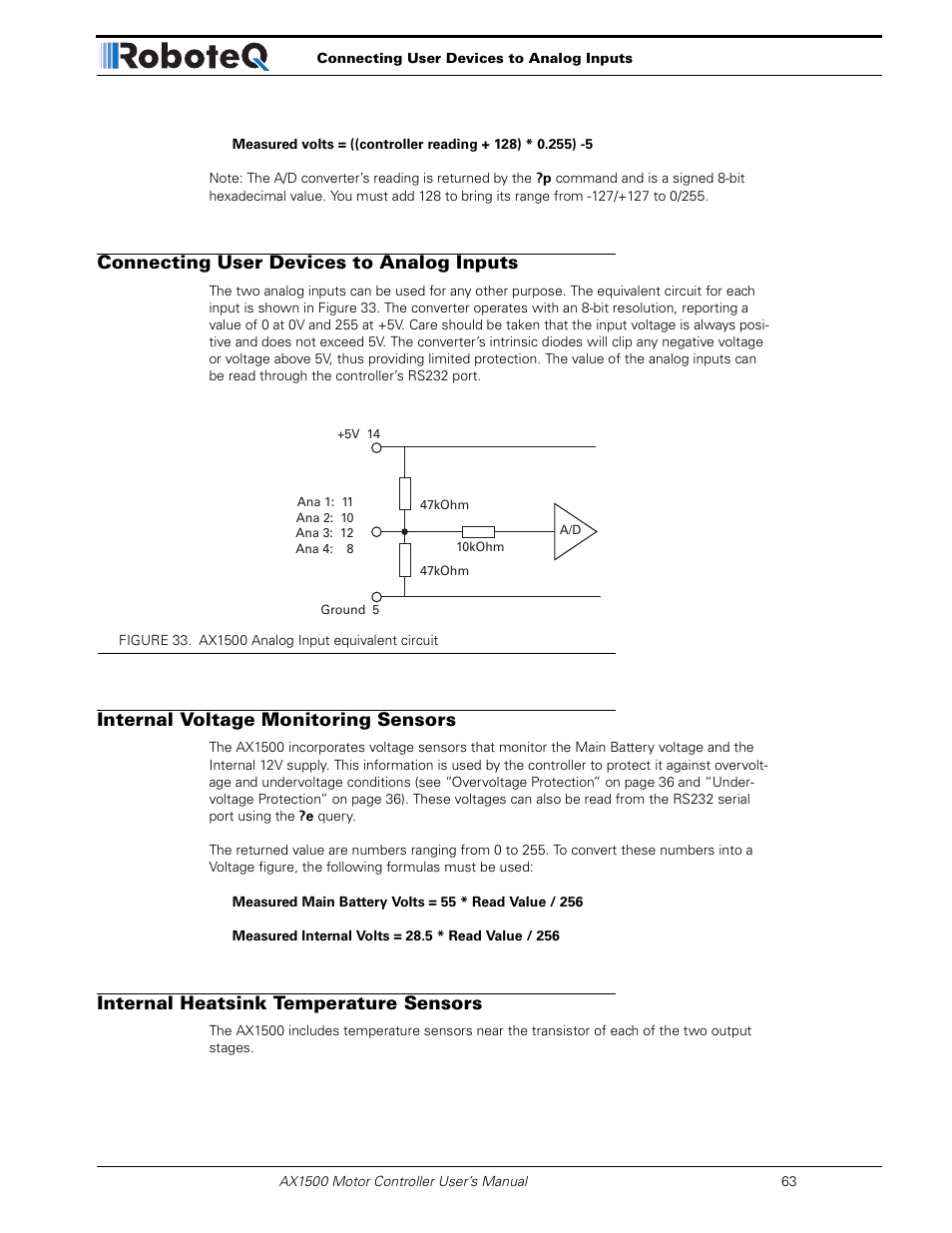 Connecting user devices to analog inputs, Internal voltage monitoring sensors, Internal heatsink temperature sensors | RoboteQ Dual Channel Digital Motor Controller AX2550 User Manual | Page 63 / 186