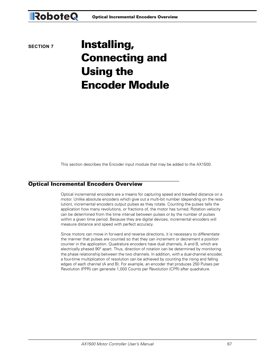 Optical incremental encoders overview, Section 7 | RoboteQ Dual Channel Digital Motor Controller AX2550 User Manual | Page 67 / 186