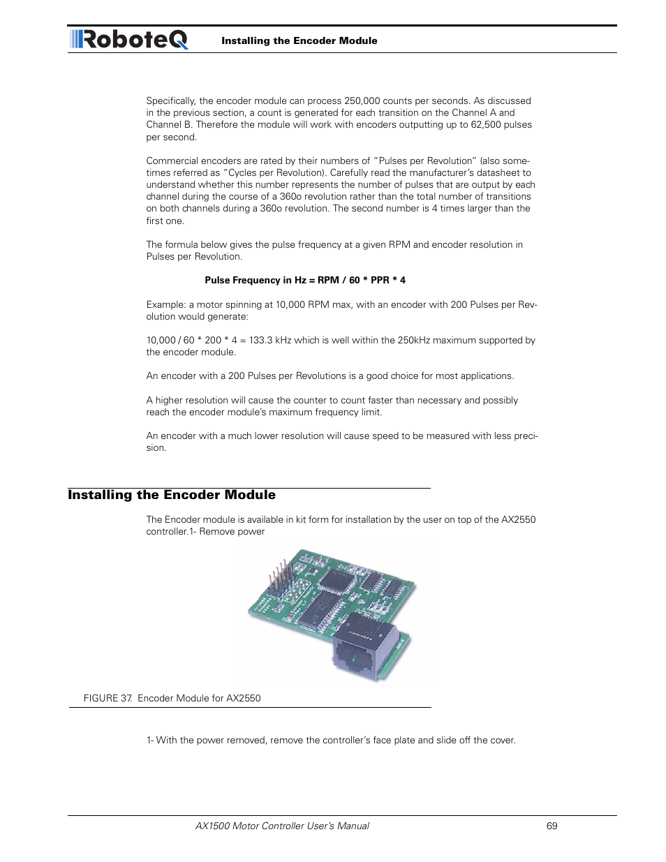 Installing the encoder module | RoboteQ Dual Channel Digital Motor Controller AX2550 User Manual | Page 69 / 186