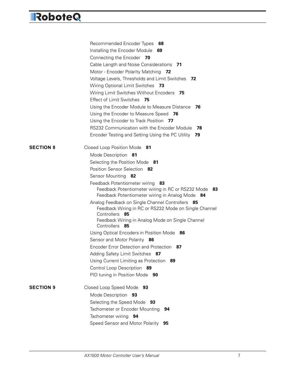RoboteQ Dual Channel Digital Motor Controller AX2550 User Manual | Page 7 / 186